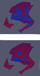 Figure 9: The use of the clay deposit with 1.5% of purchased sand is about 60% (top picture) and is 85% without any purchased sand (bottom picture). Red blocks are proposed for extraction.