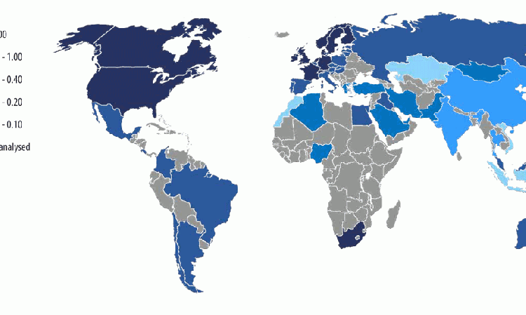 Ratio of per-capita waste generation and per-capita cement capacity for selected nations (covering >90% of global cement production capacity).
