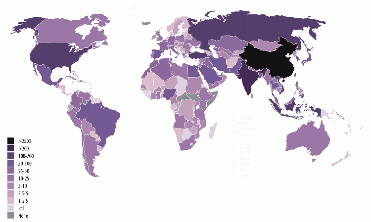 Figure 1: Cement producing countries in 2025, colour-coded by capacity (Mt).