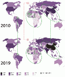 Figure 3: Cement producing countries, colour-coded by integrated cement capacity (Mt) in 2010 and 2019.