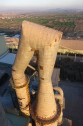 The goose-neck at the top of the precalciner, with the fields of the local farmers and other local cement plants in the distance.