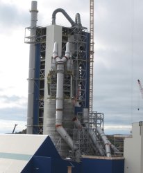 The preheater tower at the McInnis Cement plant in  Port-Daniel-Gascons, Quebec, as seen in late October 2016. The plant was reported to be 75% complete by November 2016 and is expected to start production in the first half of 2017. Source: McInnis Cement website.