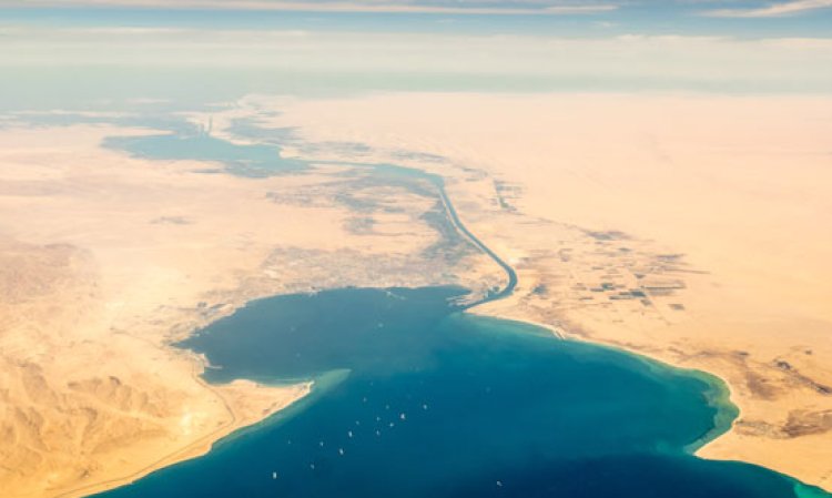 Aerial view of the Suez Canal. Its blockage in March 2021 was just one of a number of interruptions to cement sector supply chains  in 2021. Image by Pabkov from Shutterstock.