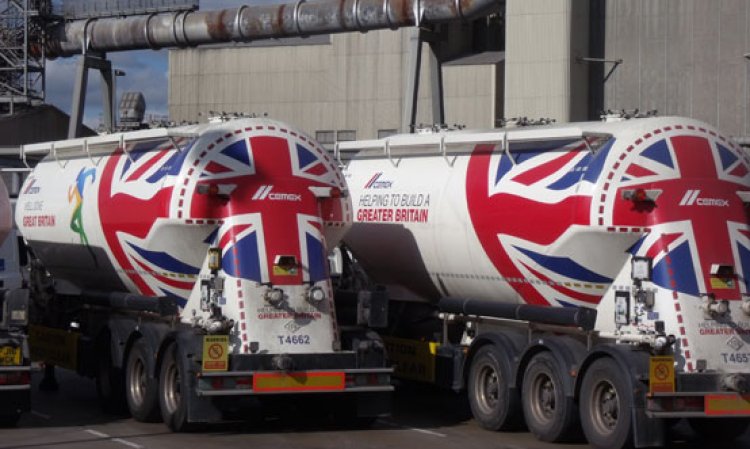 Cemex UK has been ‘flying the flag’ recently. Silo trucks pictured at its Rugby cement plant in Warwickshire.