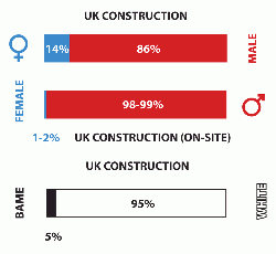 Figure 1: There is a huge lack of diversity in the UK construction sector, with females and black, Asian and minority ethnic (BAME) workers massively under-represented. Source: Chartered Institute of Building.