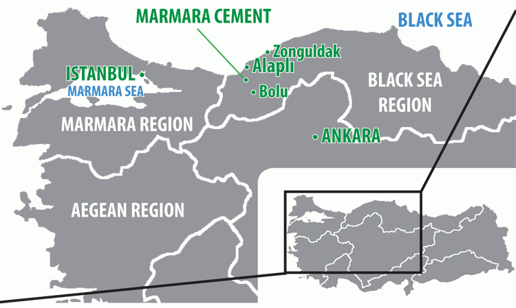 Location of Marmara Cement Factory, with locations of raw material sources and major cities.