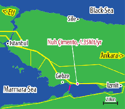 Map showing location of Nuh Cimento and distribution split between export and local markets.