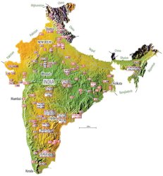 Figure 4: Map of India with major cities, cement facilities and neighbouring territories (5). Black = Integrated plant. Red = Grinding plant.