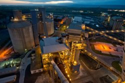 The clinker cooler and clinker silos in the top left of the image. The left hand silo is for low-alkali clinker, the right is for normal-alkali clinker.