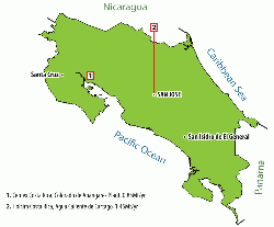 Figure 2: Map of Costa Rica showing major settlements, integrated cement plants and bordering countries and oceans.