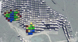 Figure 8: Yearly plan for the clay deposit split into quarterly steps. Blue blocks are proposed for extraction in the first quarter, green blocks in the second quarter, yellow blocks in the third quarter and the red blocks in the fourth quarter. This respects the right balance between the clayey and sandy materials at all times.