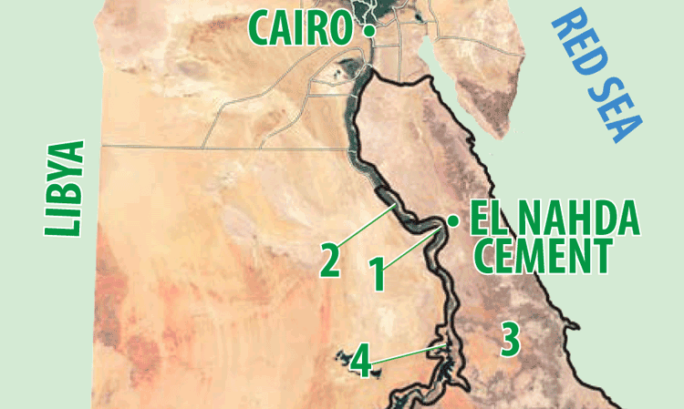 Location of the El Nahda Cement plant with key markets labelled.