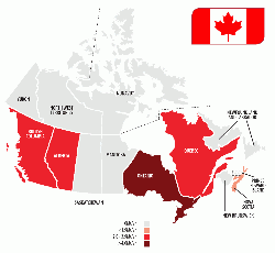 Figure 3: Map of Canada with integrated cement plants. Provinces and Territories are colour-coded by cement production capacity. Source: Global Cement Directory 2017.